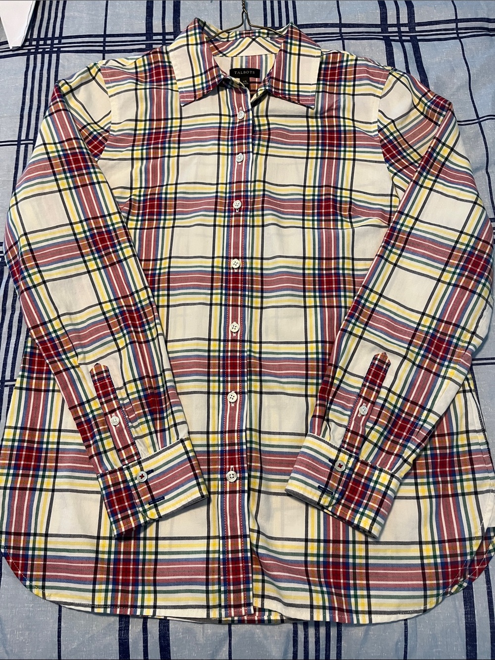 Talbots Cream Plaid Button-Down Shirt with Red and Blue Stripes